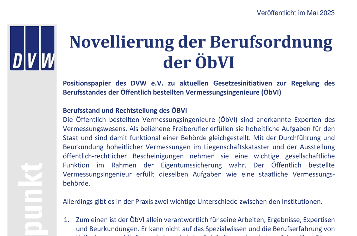 DVW, Positionspapier, novellierung, Vermessungsingenieur, öbvi, gesetz, gesetzesentwurf, hessen, stellungnahme