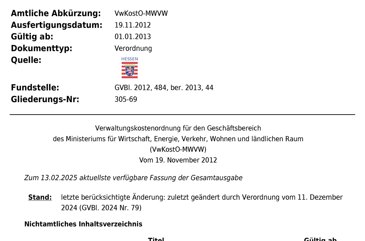 Verwaltungskostenordnung 2025, MWVLVwKostO, Hessen